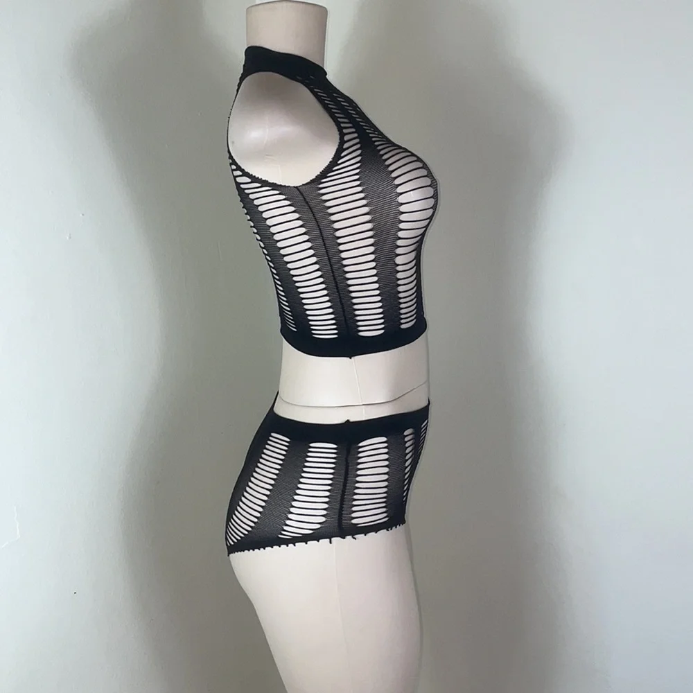 Sexy Black Stretchy Mesh Fishnet Cutout High Waist